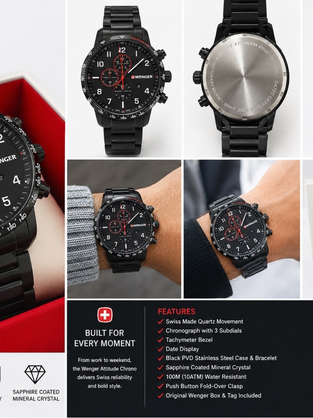 Wenger Black and Red Attitude Chrono Stainless Steel Men's Watch
